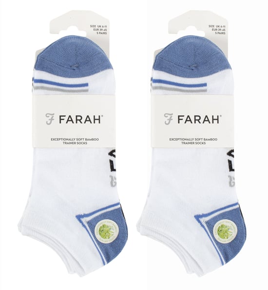 10 Pairs Mens Bamboo Trainer Socks | Farah | Striped Cushioned Ankle Socks - White - Image 2