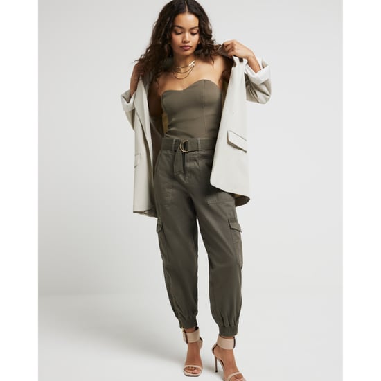 River Island Womens Cargo Trousers Petite Khaki Belted Utility