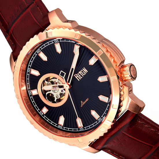 Reign Bauer Automatic Semi-SkeletonLeather-Band Watch