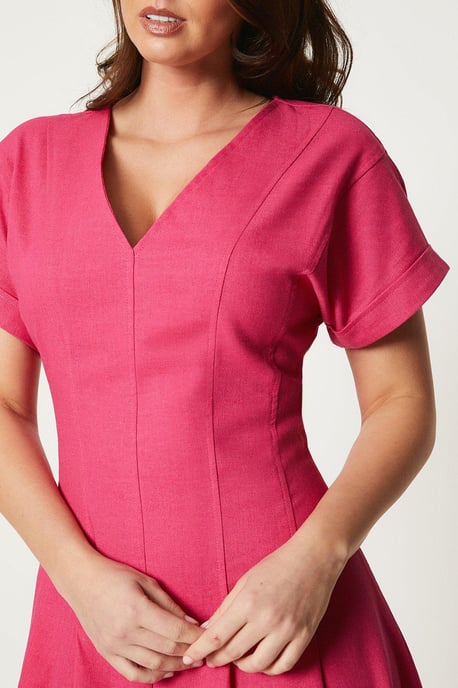 Linen Blend Pleat Detail Midi Dress