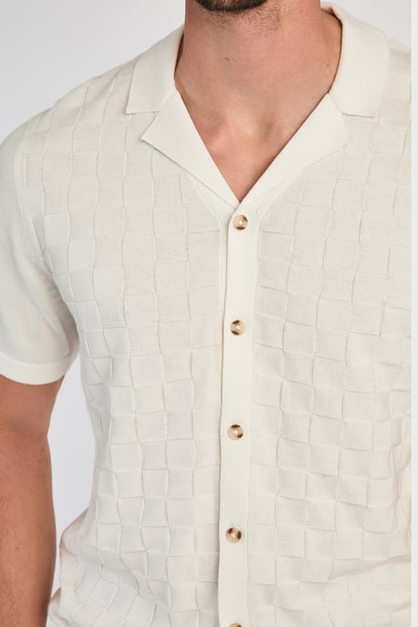 Ecru Cotton Knitted Check Shirt