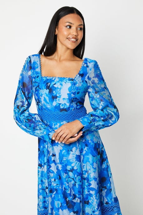 Lace Trim Blouson Organza Midi Dress