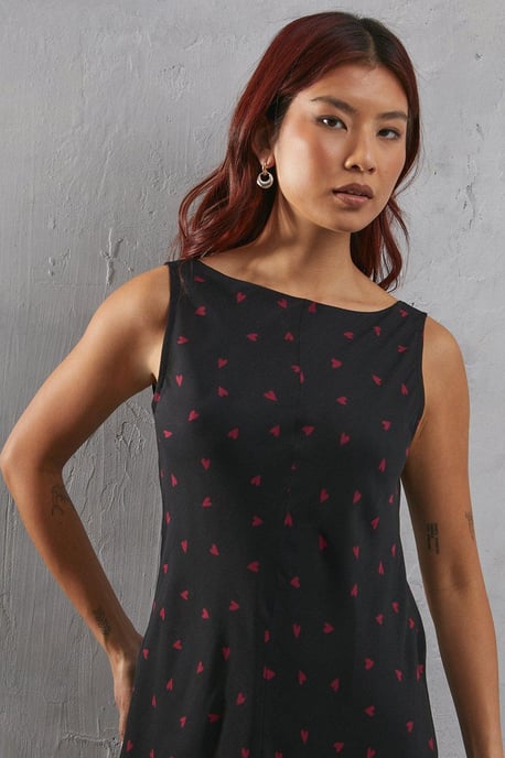 Heart Print Chiffon Slash Neck Bias Sleeveless Midi Dress - Image 2