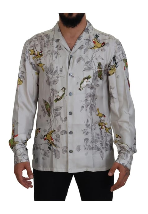 Camisa Casual de Seda Satinada con Estampado de Pájaro Blanco para Hombre de Dolce & Gabbana - Image 1