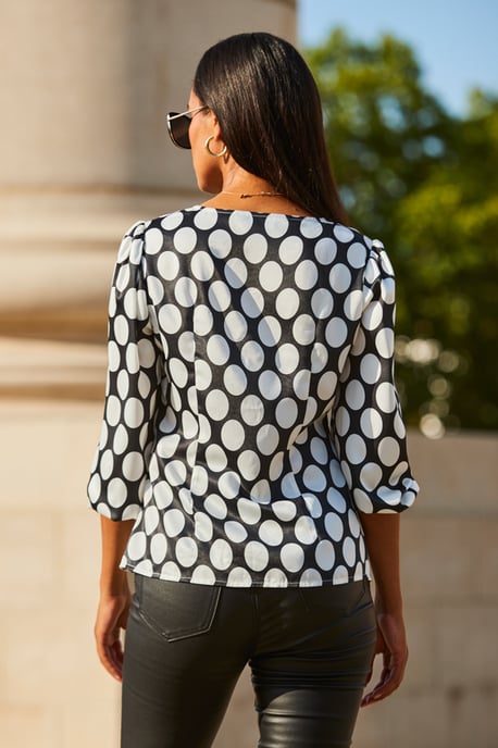 Black & White Spot Print Tie Detail Satin Top