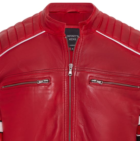 Mens Red Quilted Leather Biker Racing Jacket- Brevik