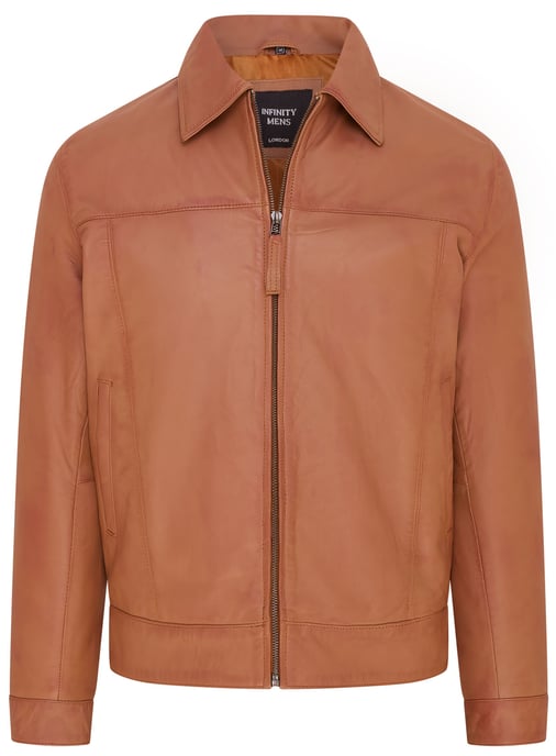 Mens Tan Retro Classic Leather Harrington Biker Jacket - Drammen