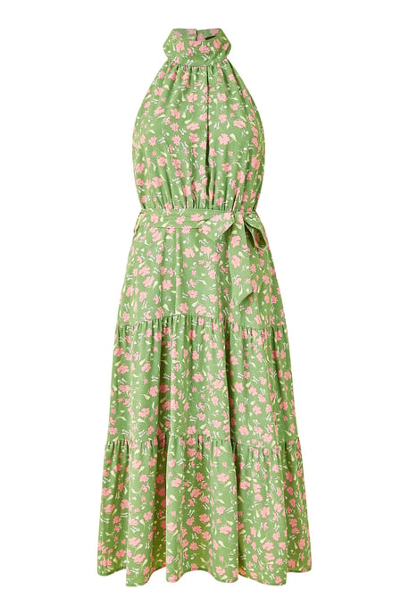 Green Halter Neck Floral Midi Dress