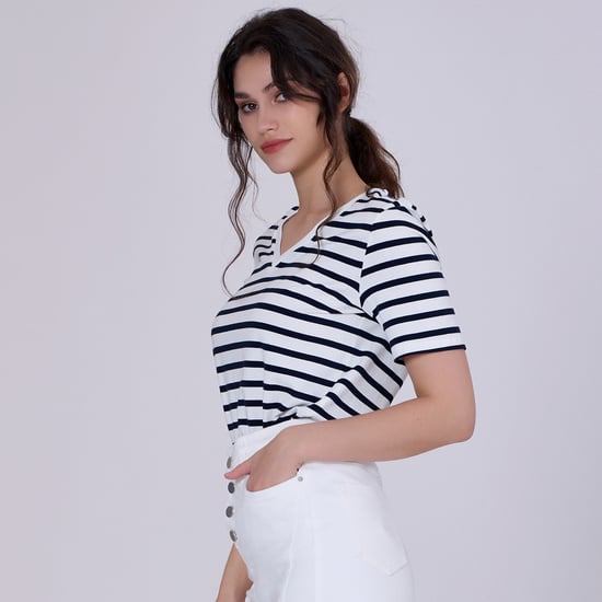 V neck stripes cotton T-shirt - Image 2