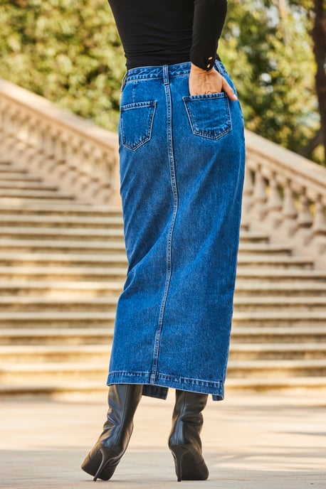 Mid Blue Longline Denim Midi Skirt