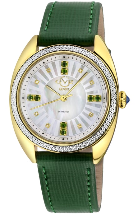 GV2 Women's Palermo Diamond Swiss Quartz MOP Dk Blue Dial, Genuine Blue Handmade Leather Watch
