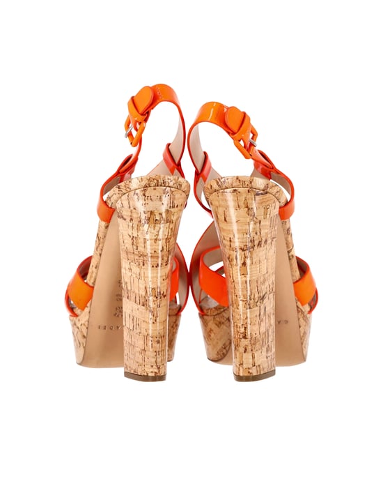 Casadei Crisscross High Block Heel Sandals in Orange Patent Leather - Image 4