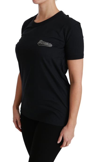 Dolce & Gabbana Camiseta de algodón de cuello redondo con parche Amore azul para mujer - Image 4