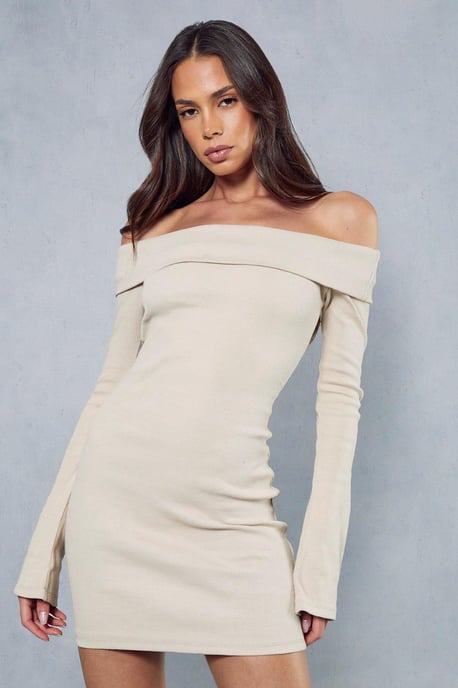 Rib Off The Shoulder Long Sleeve Mini Dress