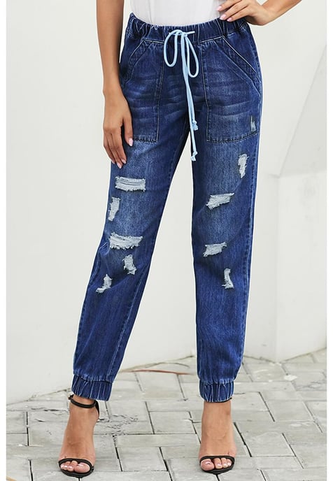 Joggers Azura Exchange para mujer con cordón y bolsillos en azul - Image 2