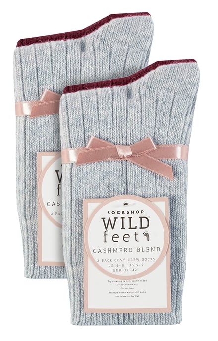 4 Pack Ladies Cashmere Boot Socks | Wildfeet | Ribbed Crew Wool Bed Socks - Blue/Mauve - Image 2