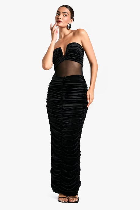 Velvet Mesh Plunge Ruched Maxi Dress - Image 1