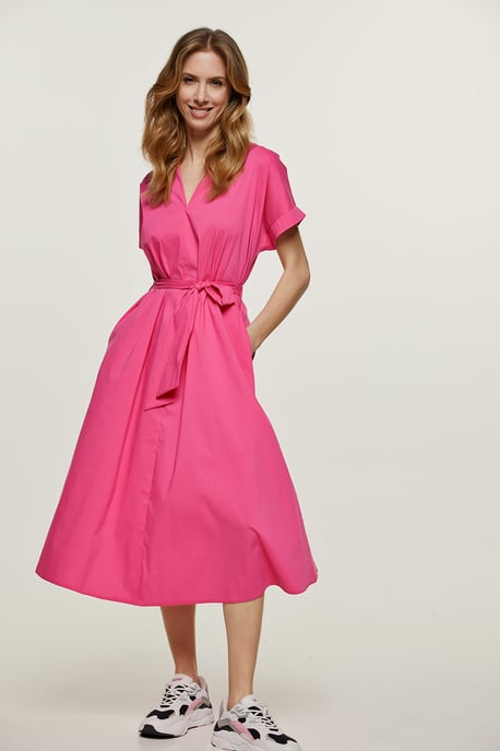Vestido midi línea A fucsia con cinturón - Image 5