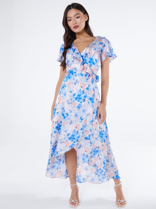 Blue Satin Floral Wrap Midaxi Dress