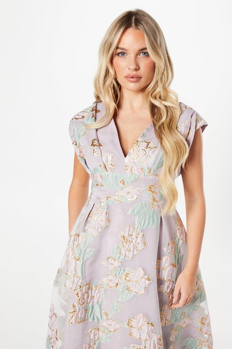 Petite Pleated Bodice Organza Jacquard Midi Dress