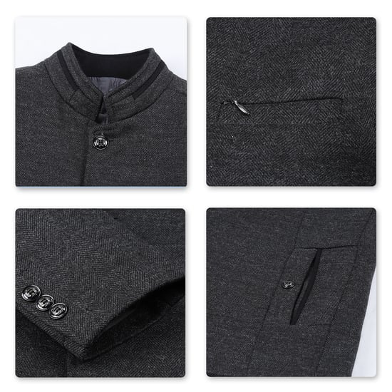 Men's Short Slim Fit Coat with Stand-Up Collar Business Casual Wool Overcoat Gray - Image 4