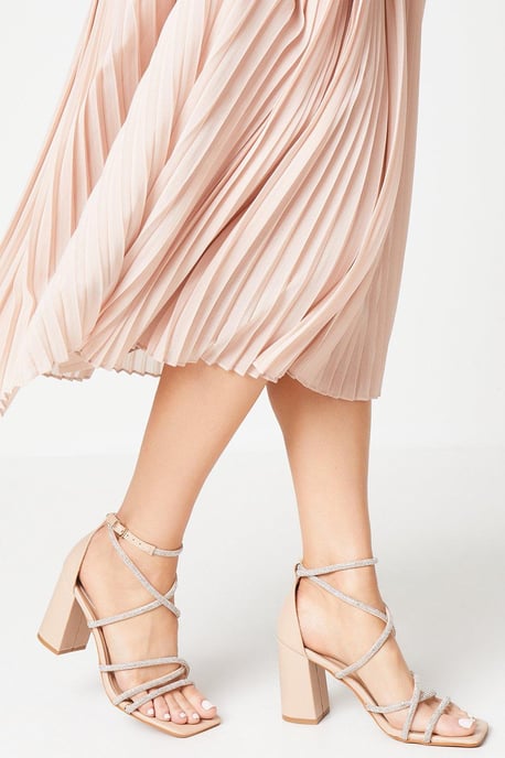 Tammy Block Heel Square Toe Diamanate Strappy Heeled Sandals