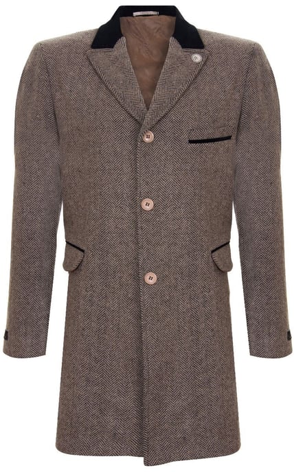 Mens 3/4 Brown Long Crombie Overcoat Jacket Herringbone Tweed Coat Peaky Blinder