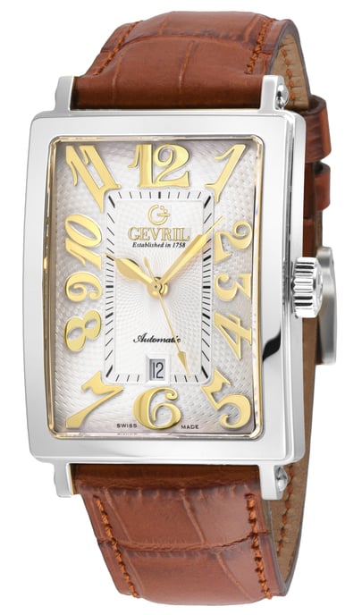 Gevril Men's Avenue of America's Swiss Automatic Sellita SW200 Stainless Steel White dial, Genuine Tan Leather Band