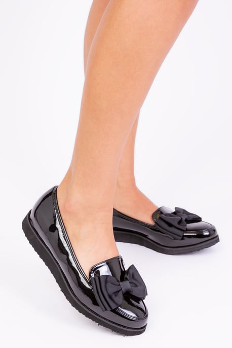 Where's That From Womens 'Alpha' Wide Fit Flat Ballet Slider With Bow In Black Patent Faux Leather