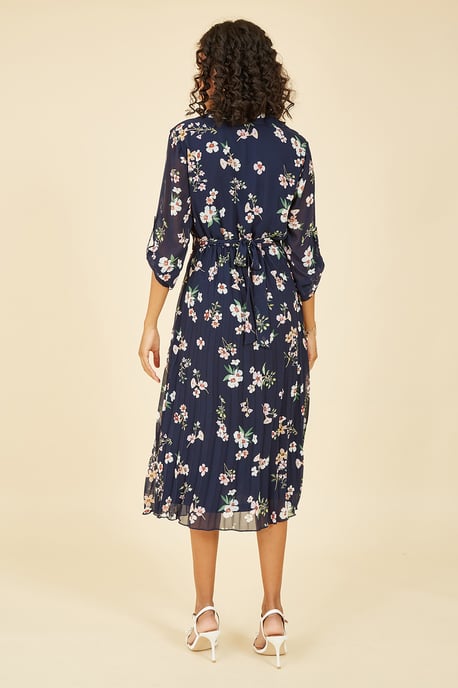 Mela Navy Floral Print Midi Dress With Gold Buckle Belt Detail