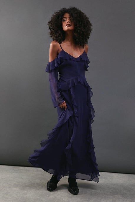 Chiffon Cold Shoulder Ruffle Detail Maxi Dress - Image 1