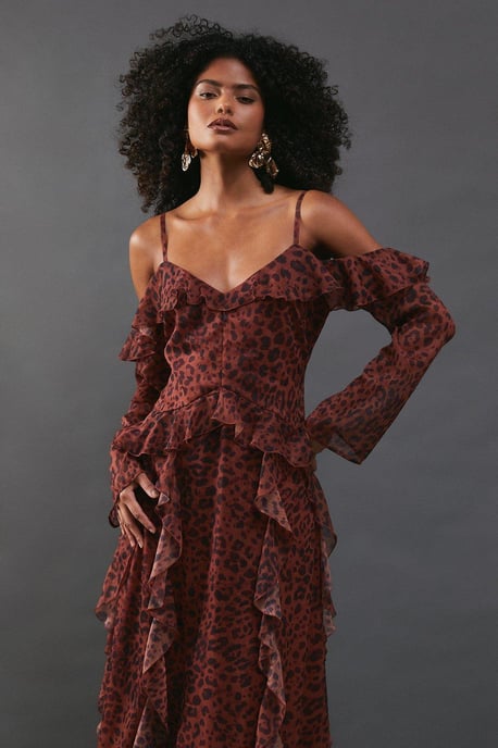 Chiffon Animal Print Cold Shoulder Ruffle Detail Maxi Dress