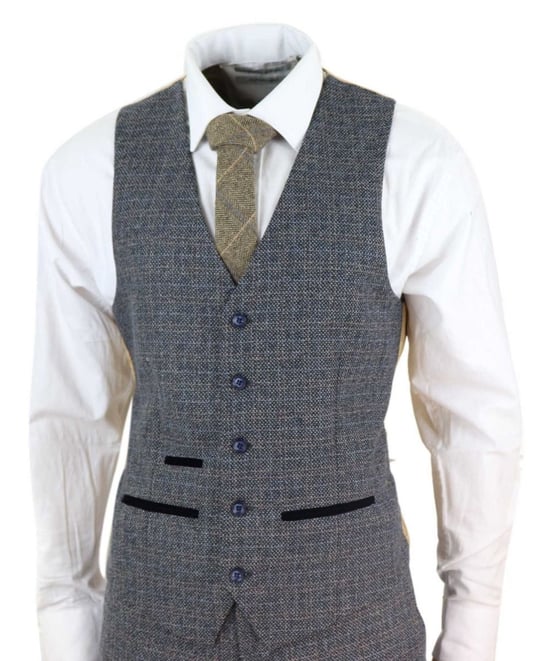 Traje retro vintage de tweed a cuadros azul marino de 3 piezas para hombre - Image 2