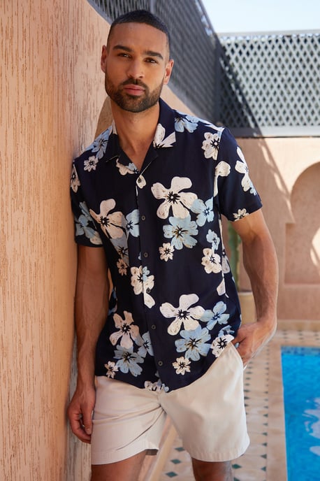 Black 'Terrace' Cotton Floral Print Revere Collar Short Sleeve Shirt