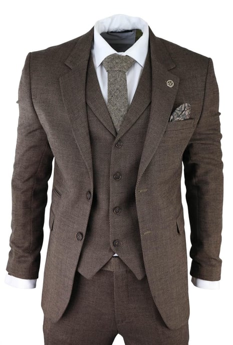 Traje de tweed de tres piezas en espiga marrón para hombre, Peaky Blinders, clásico, a medida - Image 1