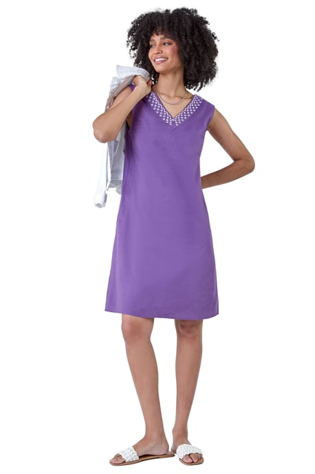 Cotton Blend Embroidered Pocket Shift Dress