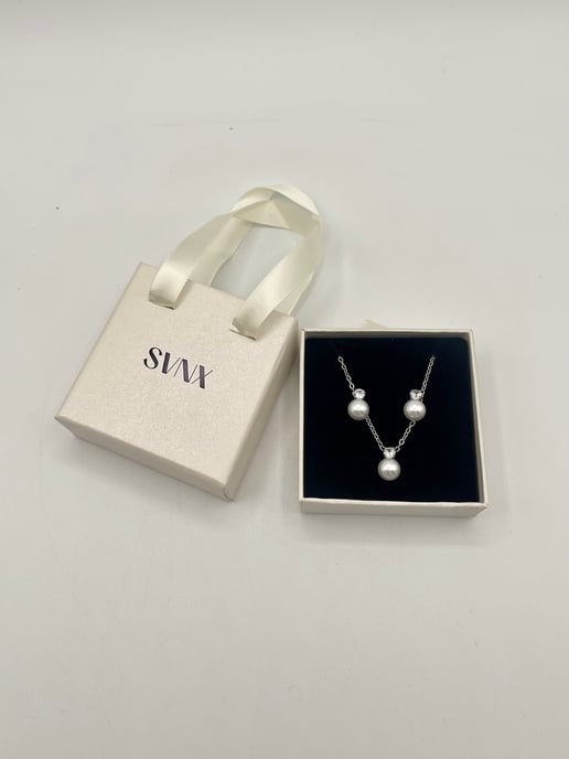 Large Pearl Diamante Earrings & Necklace Set in Silver