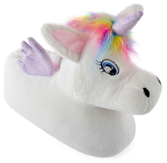 Childrens Unicorn Plush Slippers with Rainbow Hair | Gift for Her - White