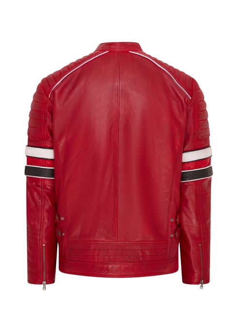 Mens Red Quilted Leather Biker Racing Jacket- Brevik