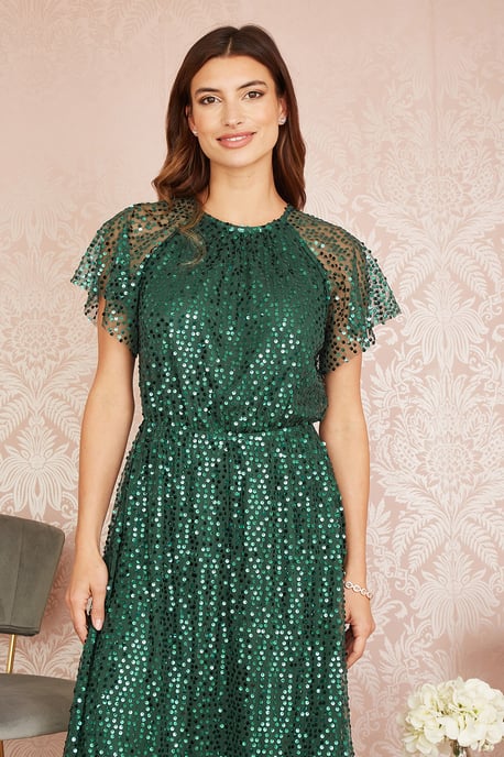 Green Sequin Angel Sleeve Midi Dress