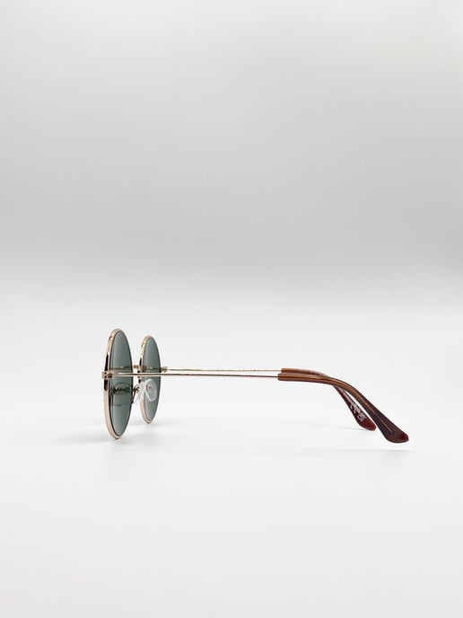 Classic Metal Round Sunglasses With Green Tinted Lenses