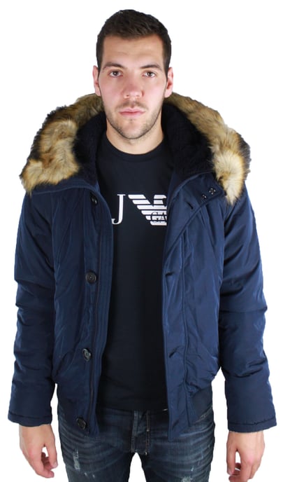 Chaqueta Con Capucha Y Ribete De Piel Azul Marino De Armani Jeans - Image 3