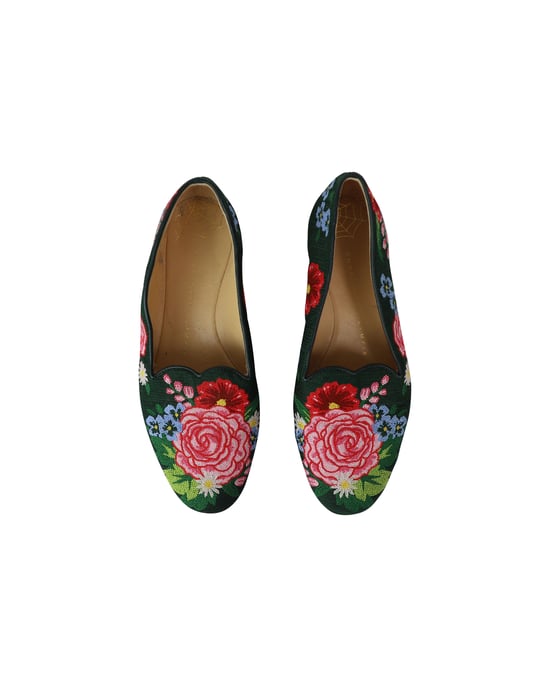 Charlotte Olympia Rose Garden Floral Embroidered Flats in Green Fabric - Image 5