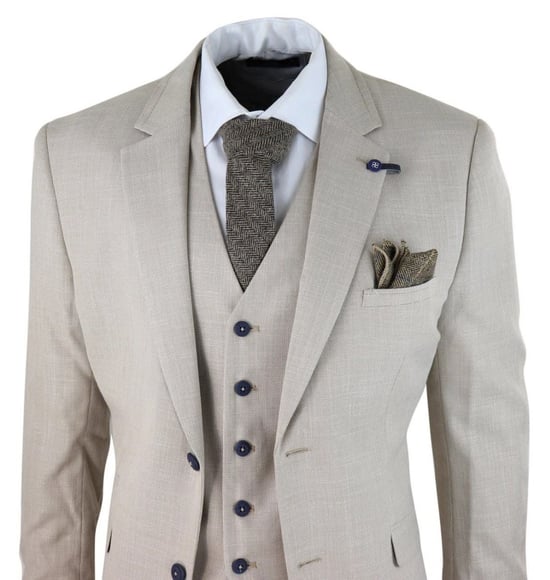 Traje clásico de verano y primavera de lino color crema de 3 piezas para hombre - Image 6