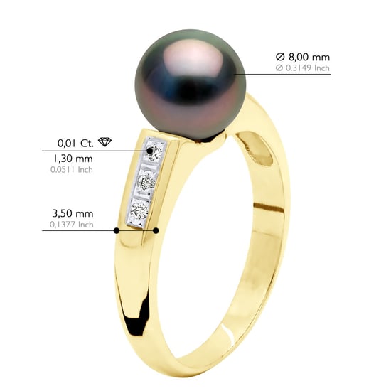 Ring Jewelry Diamond 0,06 Cts - Yellow Gold - Real Cultured Tahiti Pearl Round 8-9 mm - Image 2