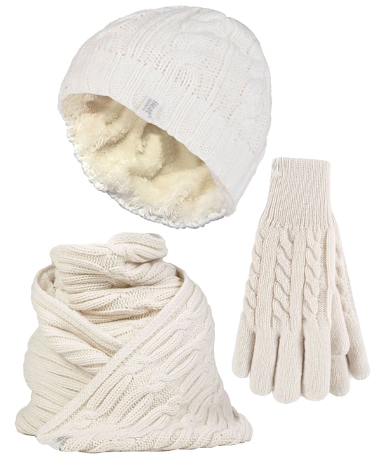 Set de gorro, bufanda y guantes de punto para mujer - Crema - Image 1