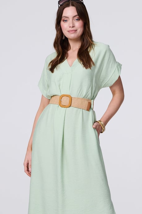 Green V-Neck Short Sleeve Belted Tunic Dress