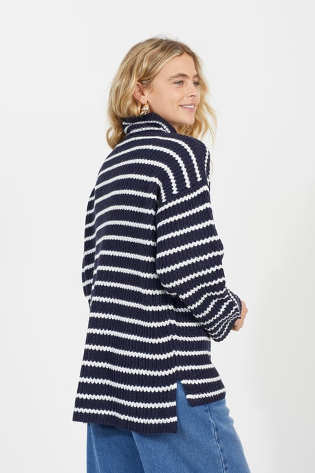 Navy Striped Fisherman Knit Zip Neck Tunic Jumper