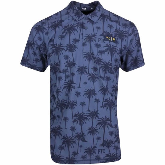 Puma x PTC Palm Print Short Sleeve Collared Navy Mens Golf Polo Shirt 537334 02