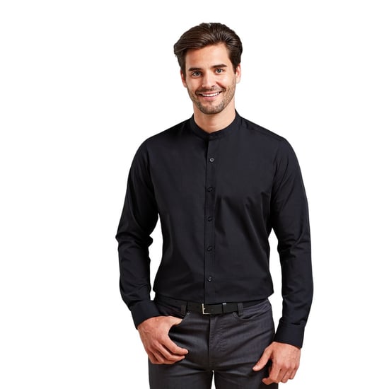 Premier Mens Banded Collar Long-Sleeved Formal Shirt (Black) - Image 4